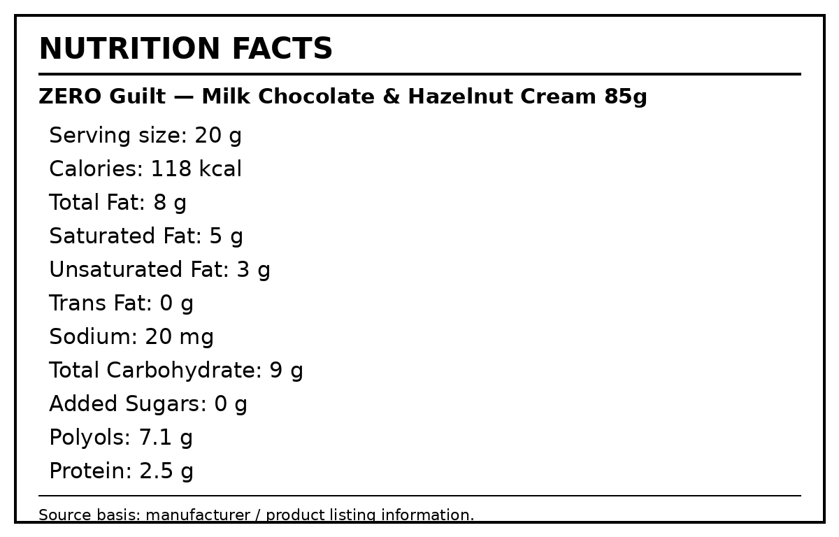 Nutrition Facts — Zero Guilt Hazelnut Cream 85g