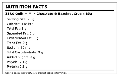 Nutrition Facts — Zero Guilt Hazelnut Cream 85g